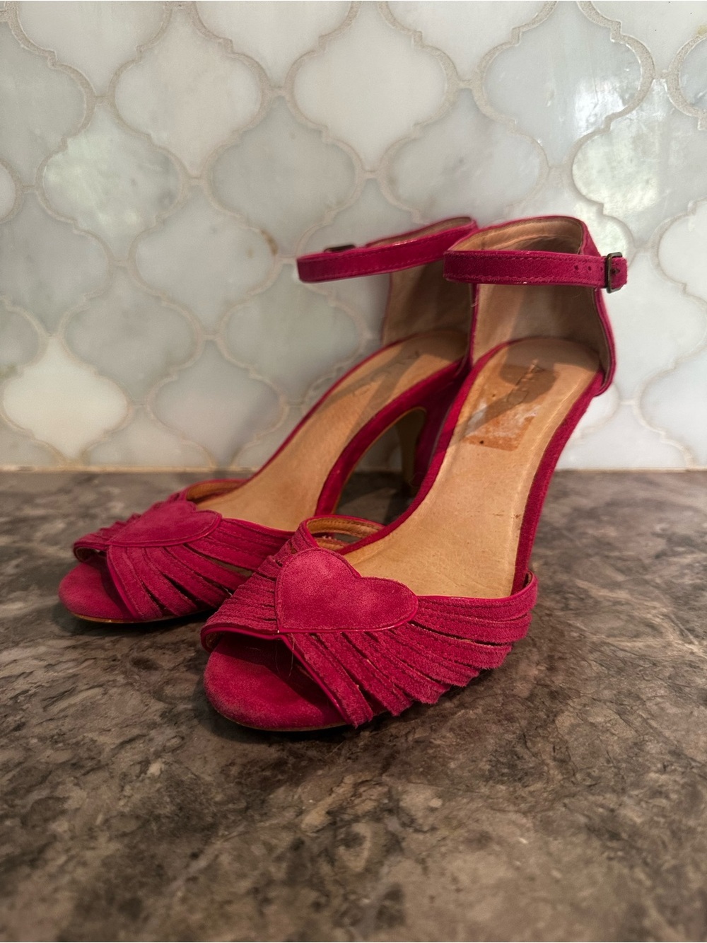 ALDO Fuchsia Suede Ankle-Strap Heels with Heart Accent - Picture 10 of 13